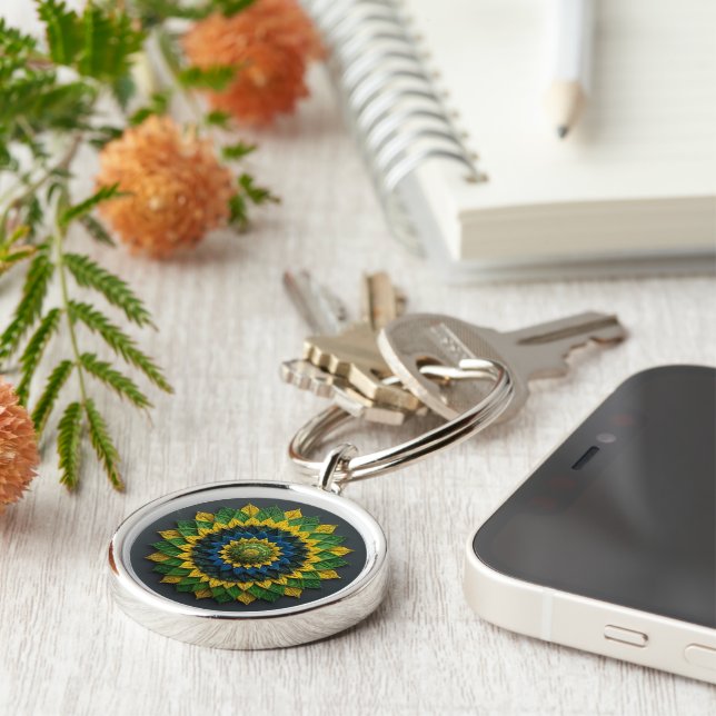 Imperial Solar Leaf Mandala Luxury Keychain  Rund Silverfärgad Nyckelring (Sidan)