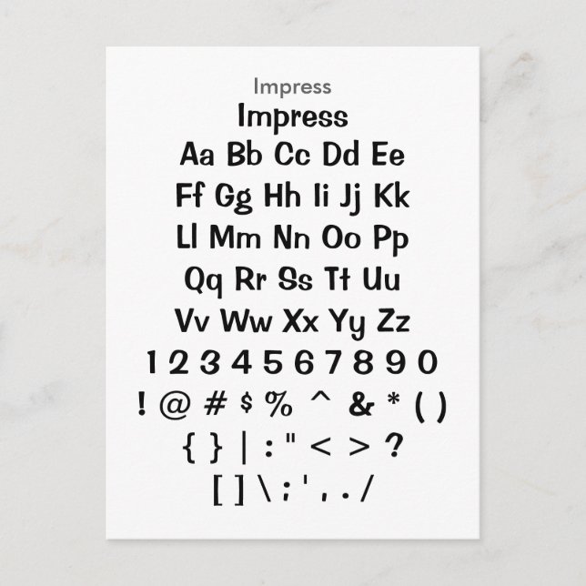 Impress - Zazzle Font Sampler Lakan Vykort (Framsida)