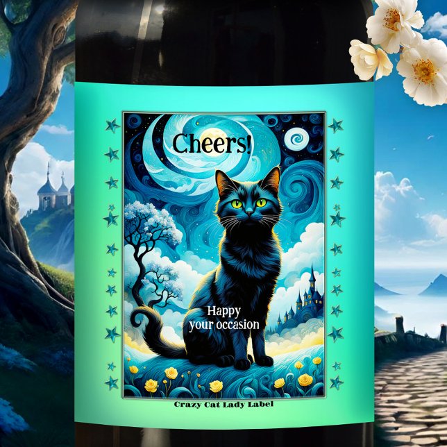 Impressionism Mysteri Crazy Cat Dam Vinflaska Etikett (Whimsical wine label featuring a van Gogh inspired black cat on a starry night - birthday)