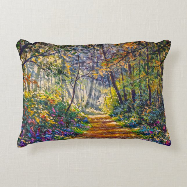 Impressionism Väg: Sunny Forest Watercolor Prydnadskudde (Framsidan)