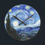 Impressionism Van Gogh Starry Natt Wall Clock Rund Klocka<br><div class="desc">En underbar bra av vintage konst av Van Gogh av Starry Natt är på väggklotet.  Bilden är offentlig domän på grund av att upphovsrätten har upphört att gälla.</div>