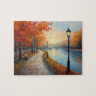 Impressionist Autumn River Walk Lamp Posts Pussel