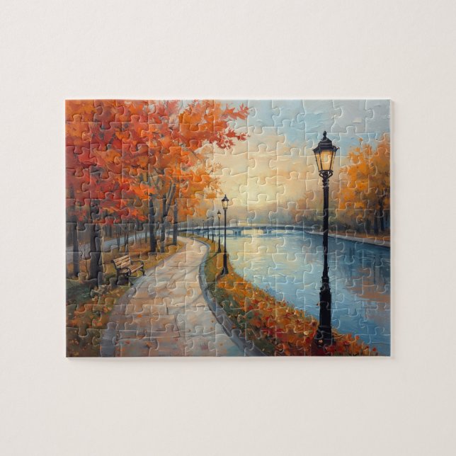 Impressionist Autumn River Walk Lamp Posts Pussel (Horisontell)