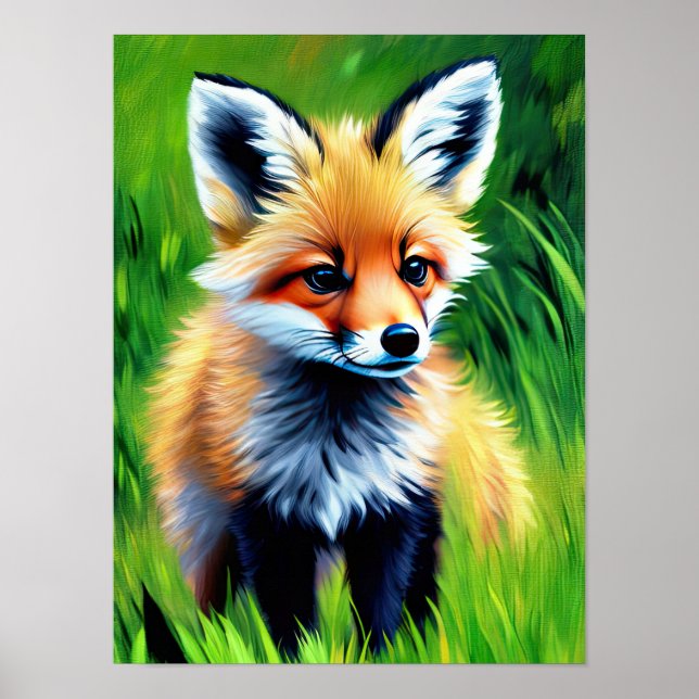 Impressionist Baby Fox i skogen Poster (Framsidan)