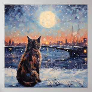 Impressionist Cat Overlook Vatten på Winter Poster
