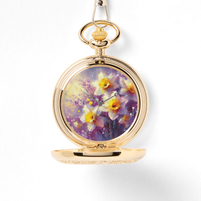Impressionist Daffodil Blommigt Lila Gult Art. Armbandsur (Framsida)