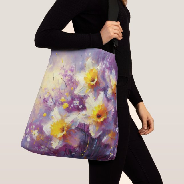 Impressionist Daffodil Blommigt Lila Gult Art. Axelväska (Närbild)