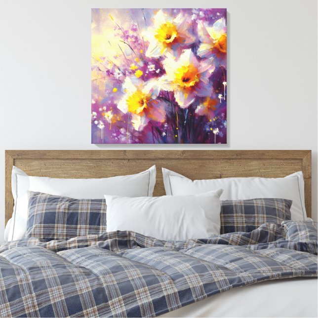 Impressionist Daffodil Blommigt Lila Gult Art. Canvastryck (Insitu (sovrum))