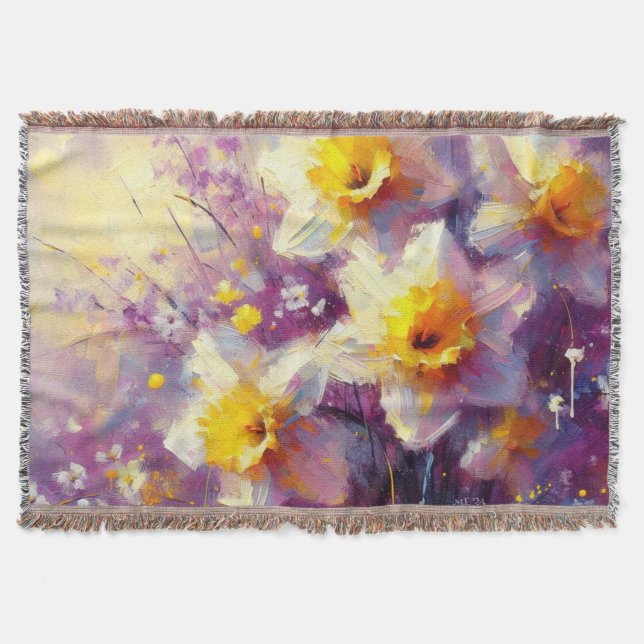 Impressionist Daffodil Blommigt Lila Gult Art. Filt (Framsidan)