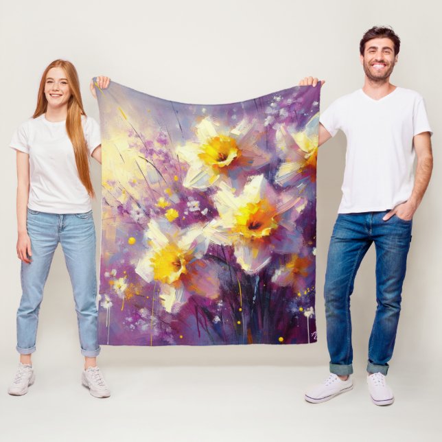 Impressionist Daffodil Blommigt Lila Gult Art. Fleecefilt (På plats)