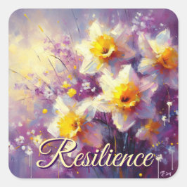 Impressionist Daffodil Blommigt Lila Gult Art. Fyrkantigt Klistermärke