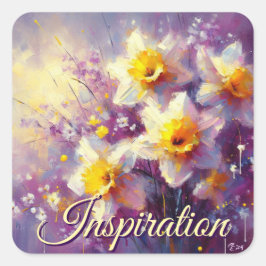 Impressionist Daffodil Blommigt Lila Gult Art. Fyrkantigt Klistermärke