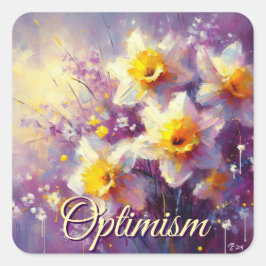 Impressionist Daffodil Blommigt Lila Gult Art. Fyrkantigt Klistermärke