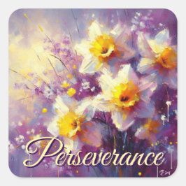 Impressionist Daffodil Blommigt Lila Gult Art. Fyrkantigt Klistermärke