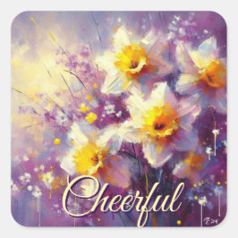 Impressionist Daffodil Blommigt Lila Gult Art. Fyrkantigt Klistermärke