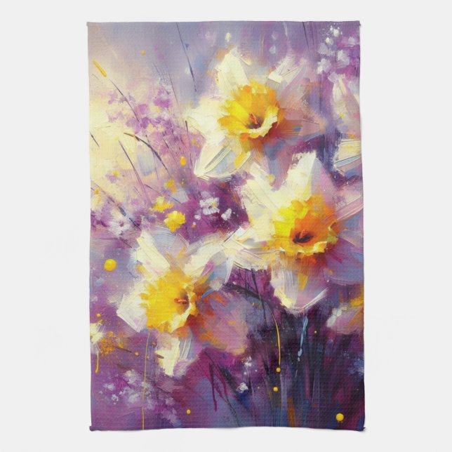 Impressionist Daffodil Blommigt Lila Gult Art. Kökshandduk (Vertikal)
