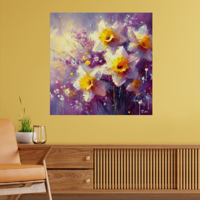 Impressionist Daffodil Blommigt Lila Gult Art. Poster (Vardagsrum 2)