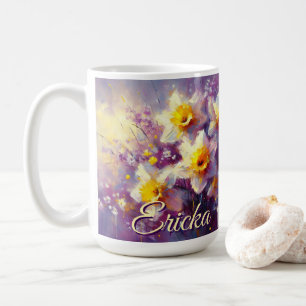 Impressionist Daffodil Blommigt Lila Personlig Kaffemugg
