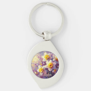 Impressionist Daffodil Blommigt Lila Personlig Swirl Silverfärgad Nyckelring