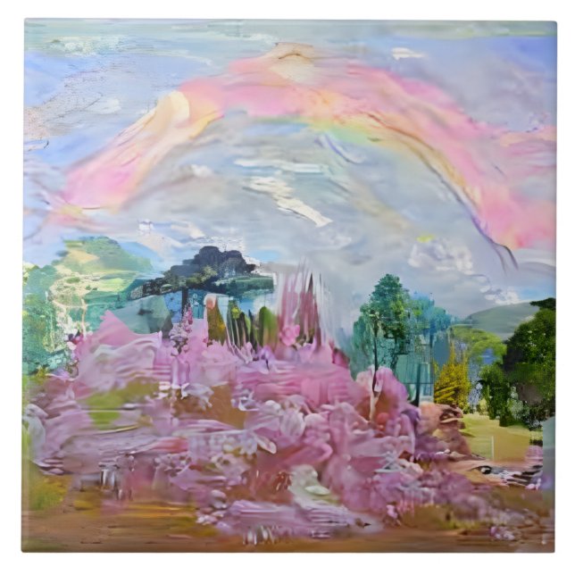 Impressionist Fantasy Liggande Watercolor Rainbow Kakelplatta (Framsidan)