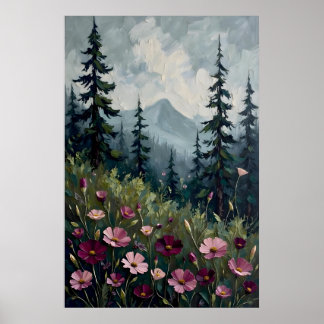 Impressionist Mountain Landscape with Wildflowers Poster