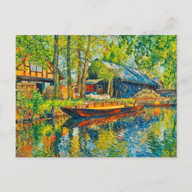 Impressionist Spreewald Farmhouse with Wooden Boat Vykort (Framsida)