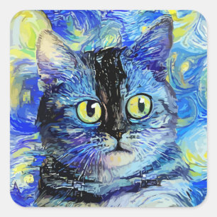 Impressionist Starry Night Tabby katt Porträtt Fyrkantigt Klistermärke