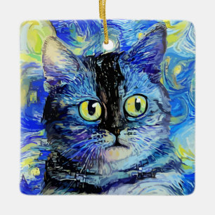 Impressionist Starry Night Tabby katt Porträtt Julgransprydnad Keramik