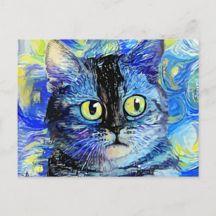 Impressionist Starry Night Tabby katt Porträtt Vykort