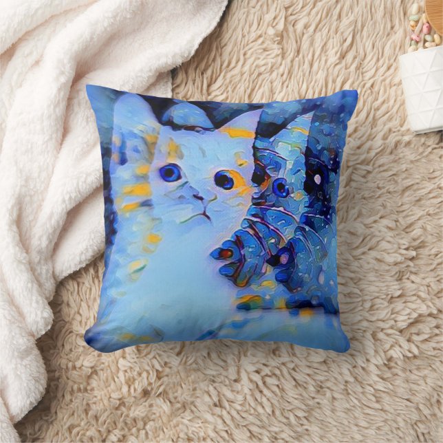 Impressionist Stil Kitten Art för Cat Lovers Blue Kudde (Filt)
