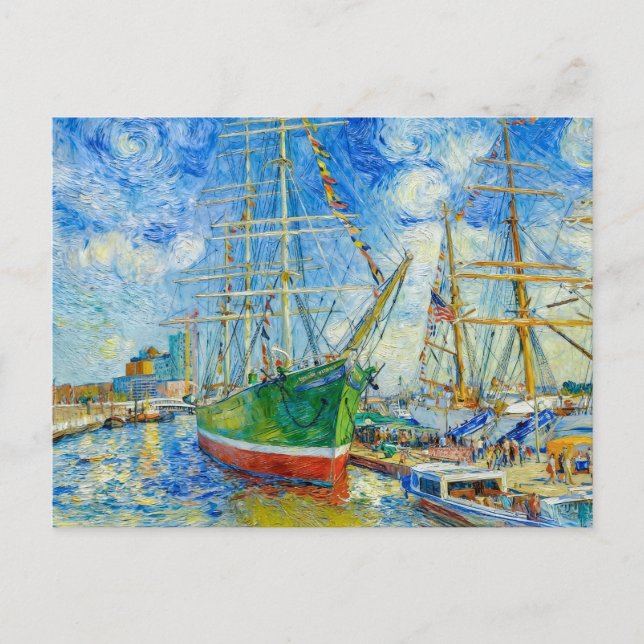 Impressionist Tall Ship in Hamburg Harbor with Ref Vykort (Framsida)