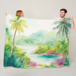Impressionist Watercolor Tropical Island Scene Fleecefilt