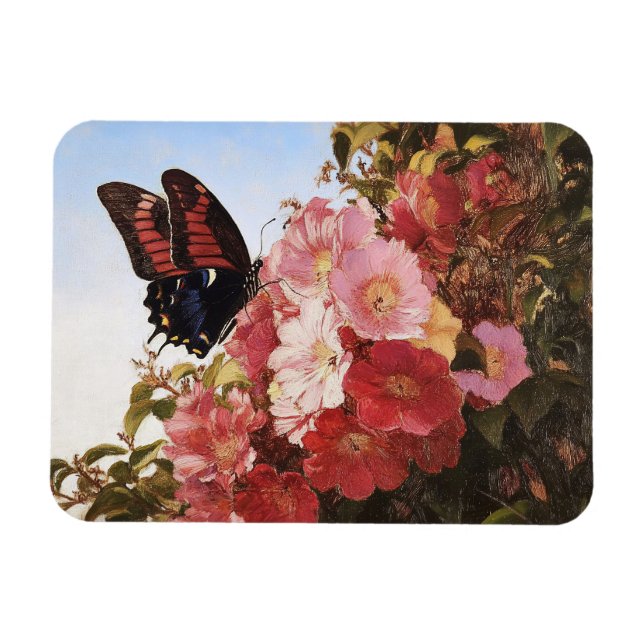 Impressionister Butterfly och Rosa Flowers Magnet (Horisontell)