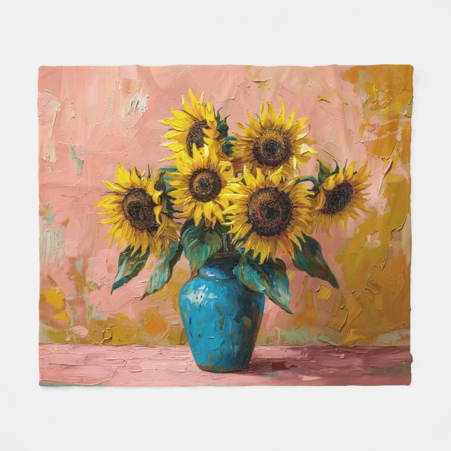 Impressionister Sunblommor i Blå Vas Fleecefilt (Framsidan (Horisontell))