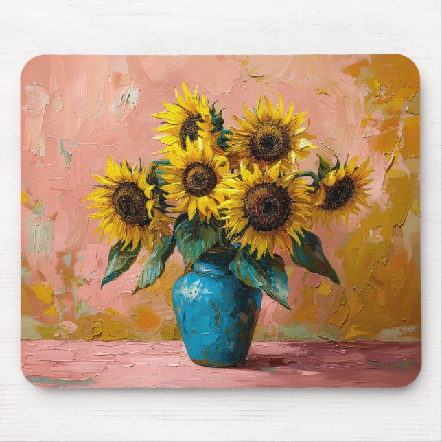Impressionister Sunblommor i Blå Vas Musmatta (Framsidan)