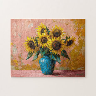 Impressionister Sunblommor i Blå Vas Pussel