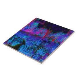 Impressionistic Dark Blue and Red Garden Landscape Kakelplatta