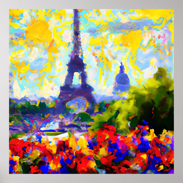 Impressionistisk Abstrakt Parisblommor Eiffel Torn Poster (Framsidan)