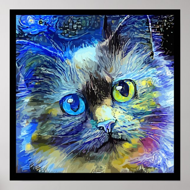Impressionistisk Cat Porträtt Blue Gult Black Poster (Framsidan)