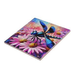 Impressionistisk dragonfly på Rosa Daisy Blommigt Kakelplatta