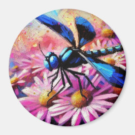 Impressionistisk dragonfly på Rosa Daisy Blommigt Magnet