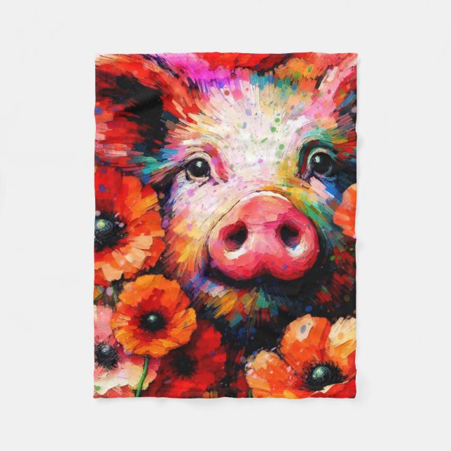 Impressionistisk Gris i Röda vallmoblommor Fleecefilt (Framsidan)