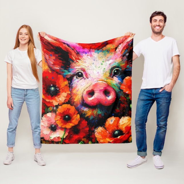 Impressionistisk Gris i Röda vallmoblommor Fleecefilt (På plats)