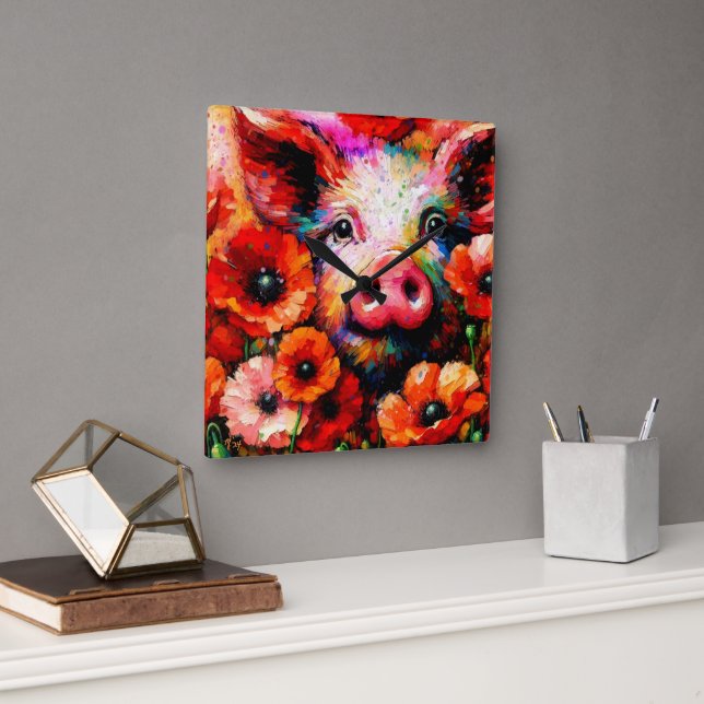 Impressionistisk Gris i Röda vallmoblommor Fyrkantig Klocka (Kontor)