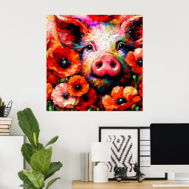 Impressionistisk Gris i Röda vallmoblommor Poster