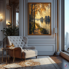 Impressionistisk höstflodslandskap gyllene ljus poster