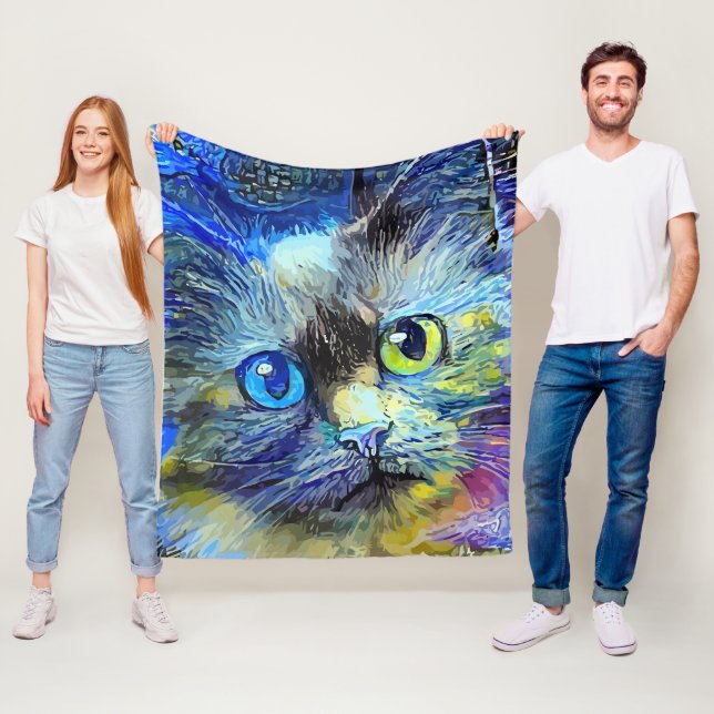 Impressionistisk kattporträtt Blått Gult Svart Fleecefilt (På plats)