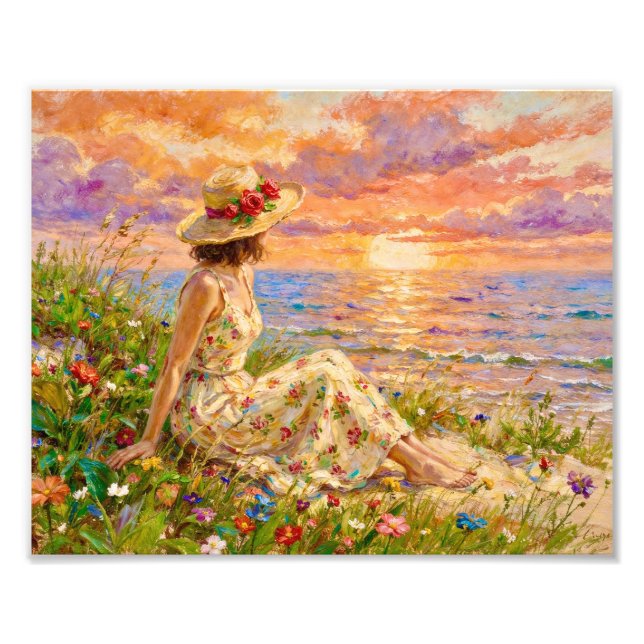 Impressionistisk kustsolnedgång | Kvinna på strand Fototryck (Framsidan)