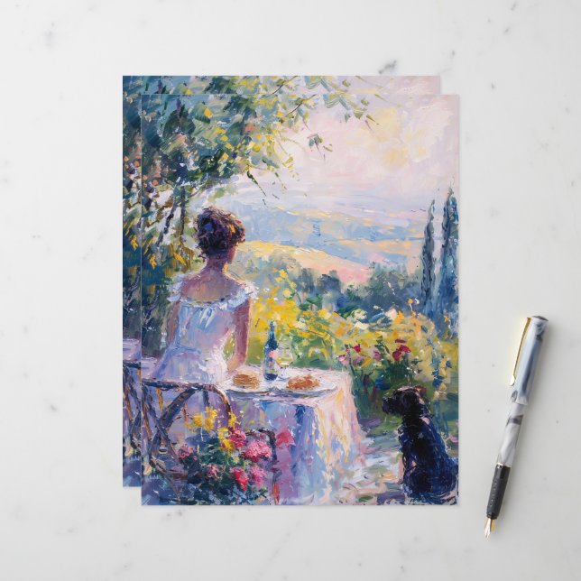 Impressionistisk kvinna på picknick- scrapbookpapp (Fram/Back In Situ)