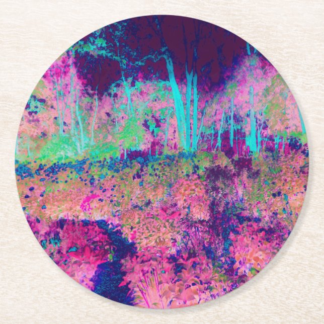 Impressionistisk Lila och Shock rosa i landskapet Underlägg Papper Rund (Framsidan)